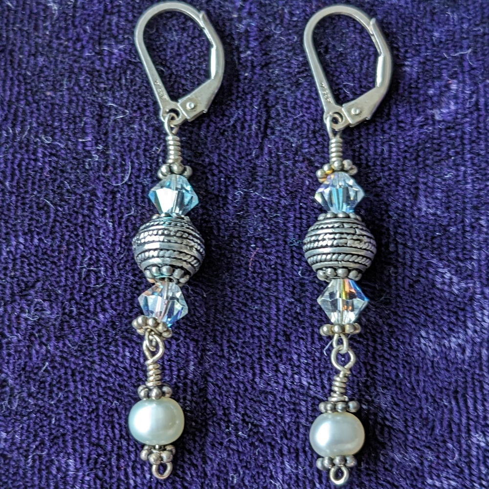 Vintage 925 Sterling Silver Drop Dangle Earrings With Natural Pearls